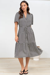 Vania Midi Dress - Tiered Buttoned Down Dress with Matching Belt in Hexy Print Black