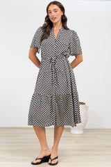 Vania Midi Dress - Tiered Buttoned Down Dress with Matching Belt in Hexy Print Black