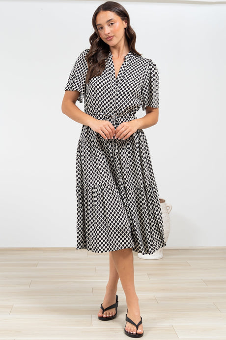 Vania Midi Dress - Tiered Buttoned Down Dress with Matching Belt in Hexy Print Black