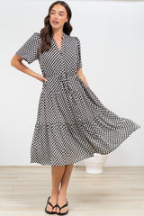 Vania Midi Dress - Tiered Buttoned Down Dress with Matching Belt in Hexy Print Black