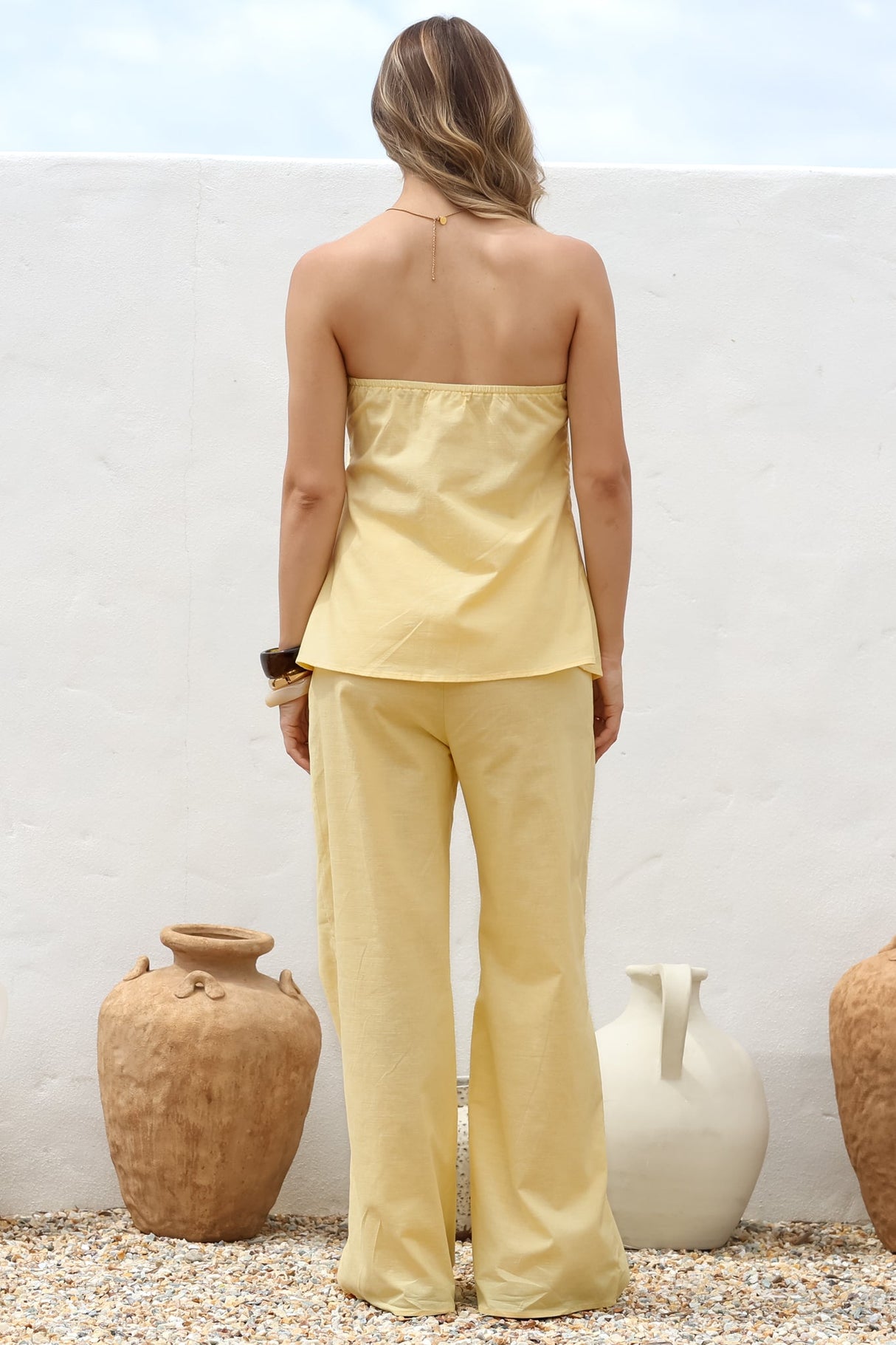 Vanity Two Piece Set - Strapless Pleated Top and Long Pants in Lemon