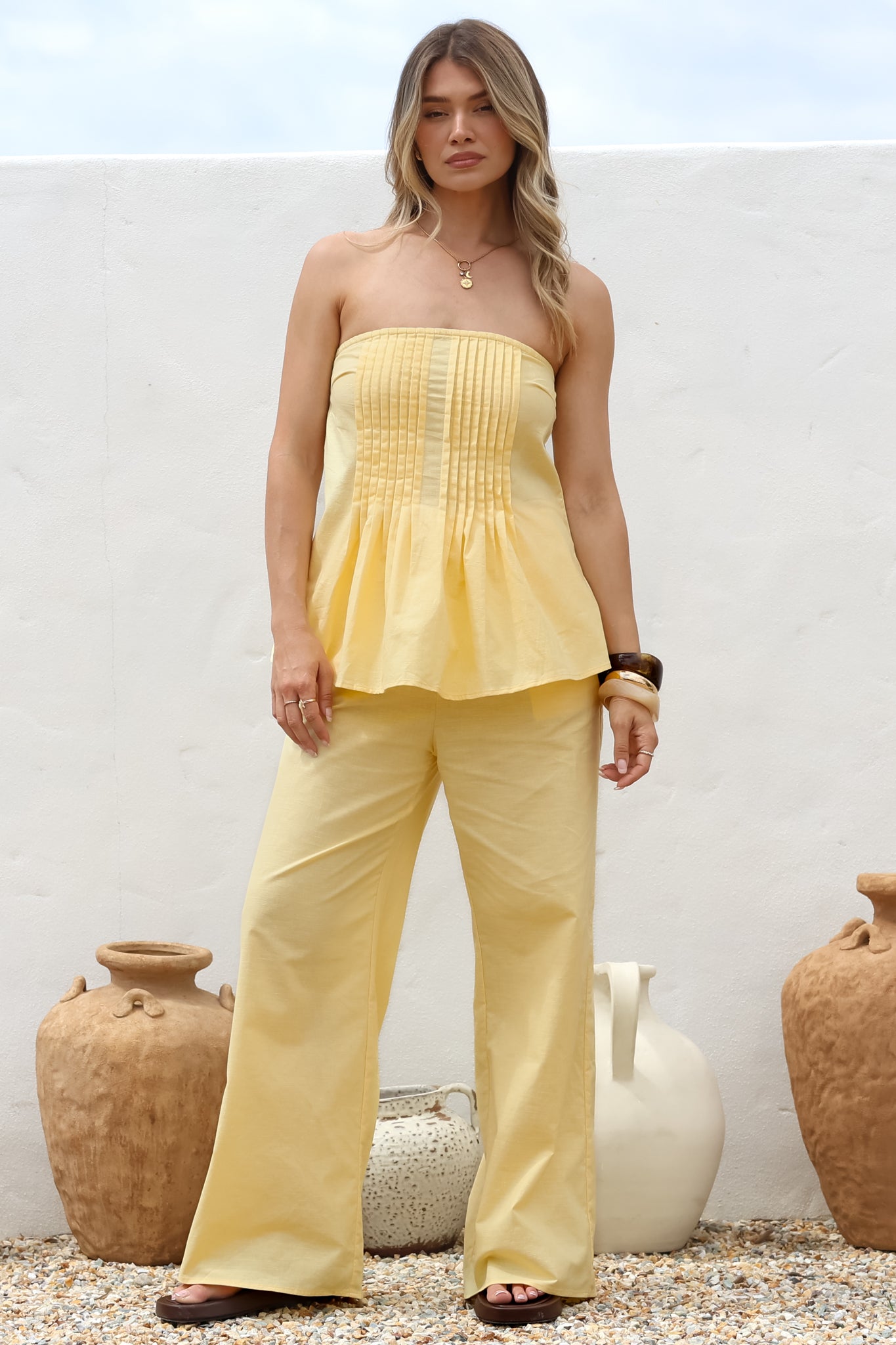 Vanity Two Piece Set Strapless Pleated Top Long Pants Lemon