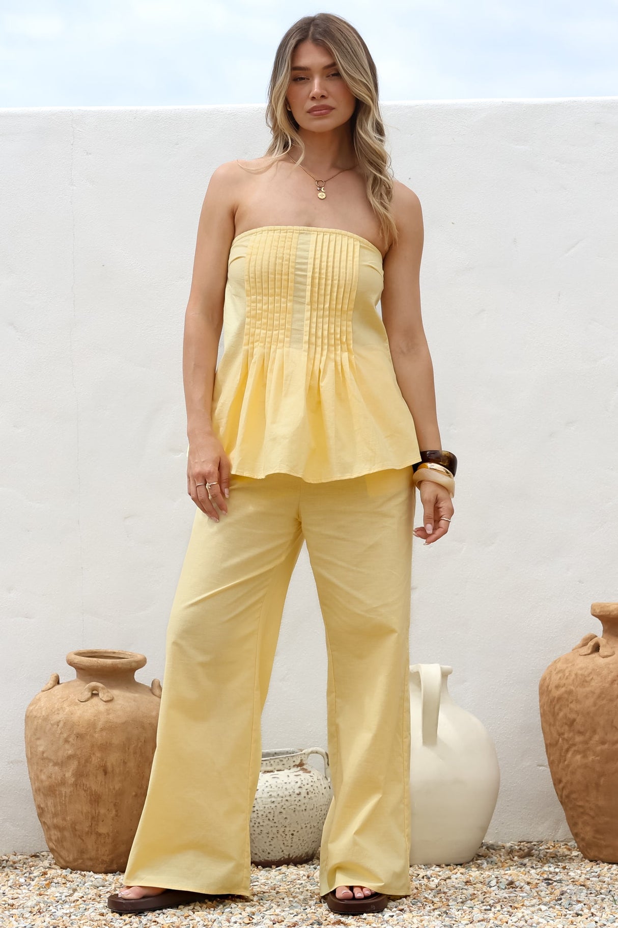 Vanity Two Piece Set - Strapless Pleated Top and Long Pants in Lemon