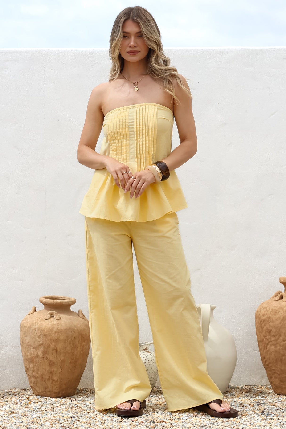 Vanity Two Piece Set - Strapless Pleated Top and Long Pants in Lemon