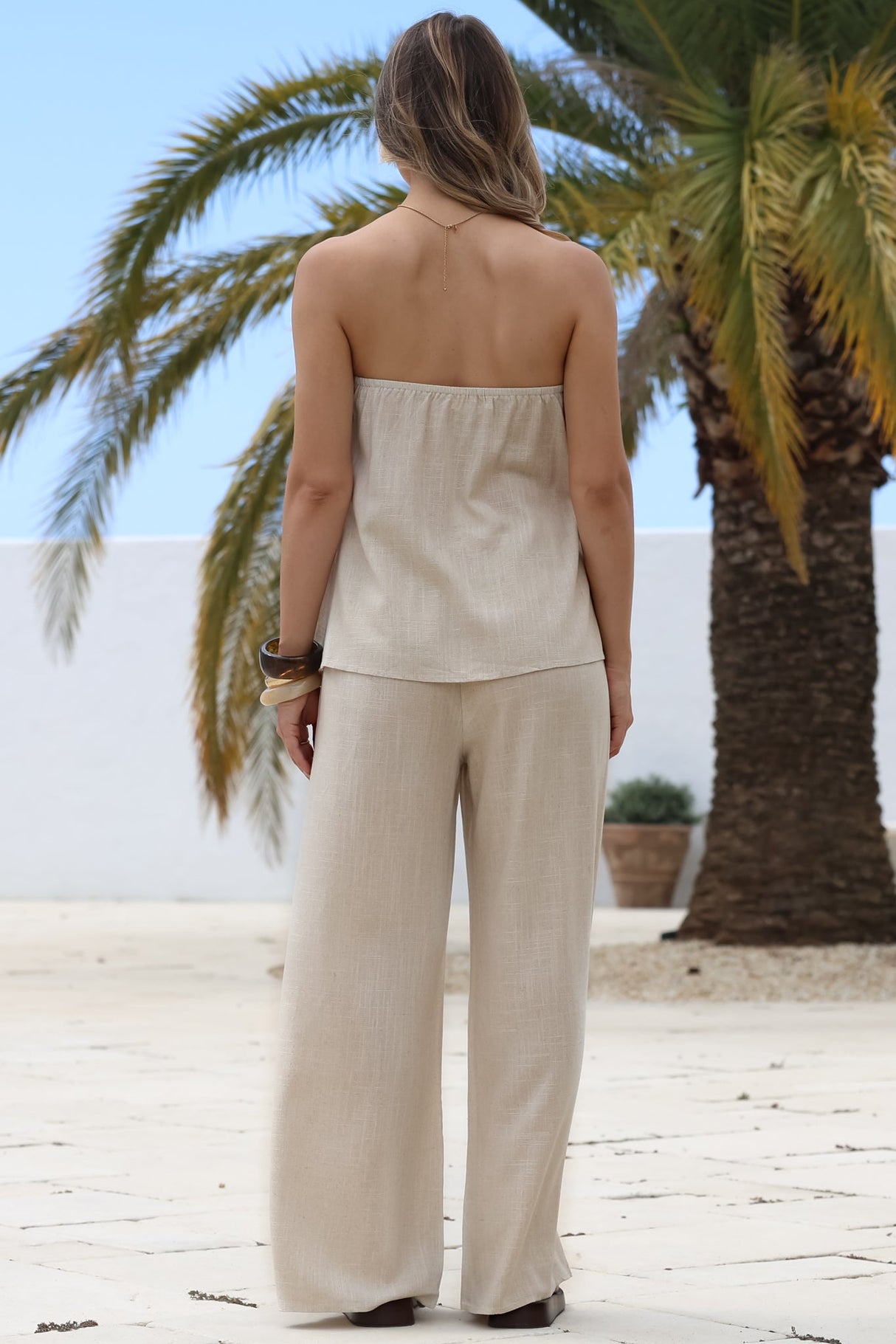 Vanity Two Piece Set - Strapless Pleated Top and Long Pants in Oatmeal