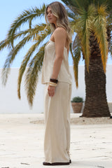 Vanity Two Piece Set - Strapless Pleated Top and Long Pants in Oatmeal