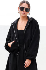 Vector Jacket - Faux Suede Zipper Closure Bomber Jacket with Hoodie in Black