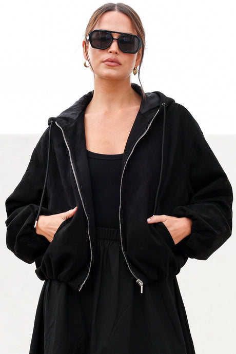 Model wearing Vector Jacket in Black from Salty Crush