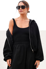 Vector Jacket - Faux Suede Zipper Closure Bomber Jacket with Hoodie in Black