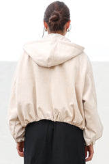 Vector Jacket - Faux Suede Zipper Closure Bomber Jacket with Hoodie in Cream