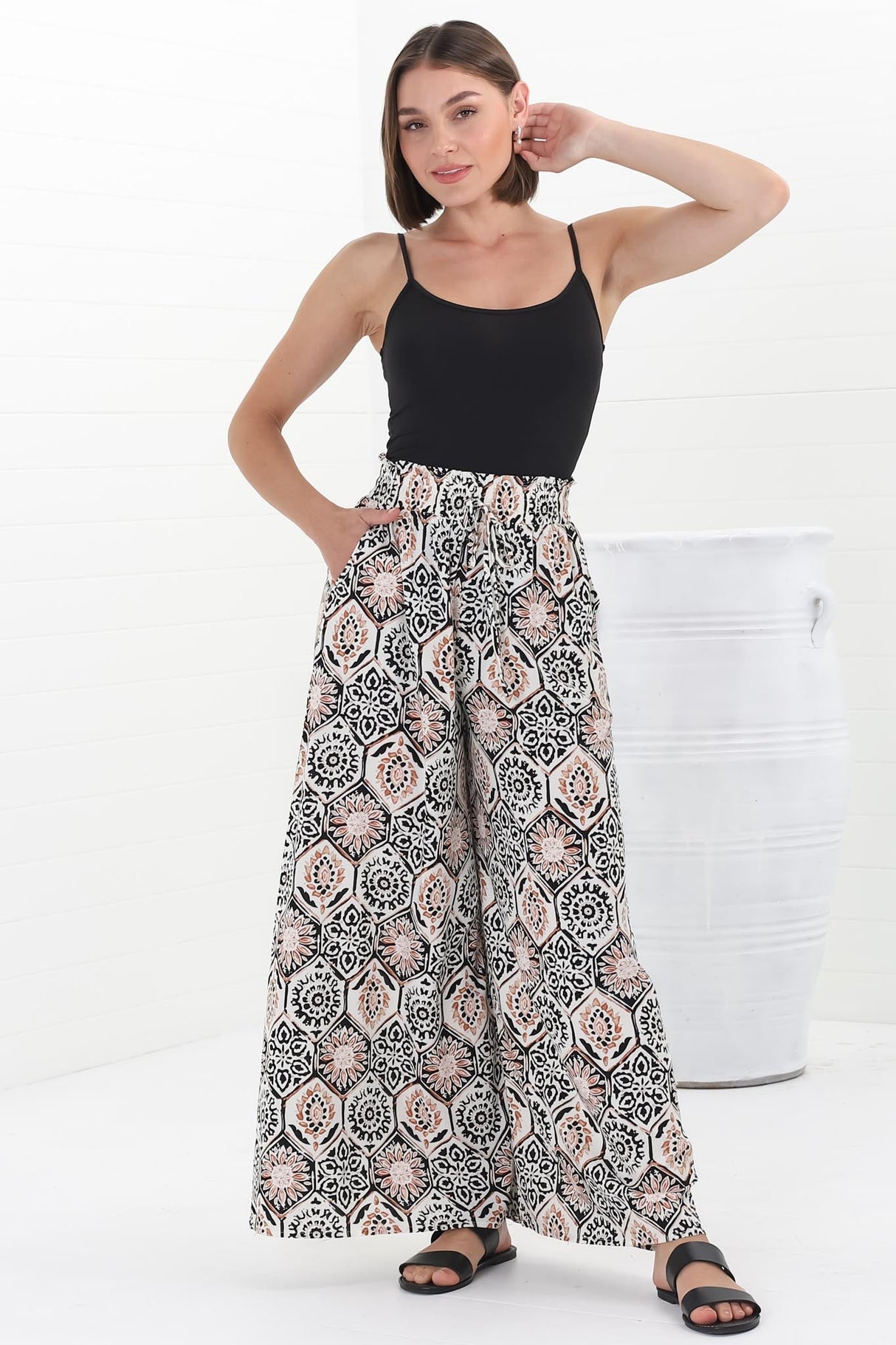 Velman Pants - Paper Bag High Waisted Wide Leg Pants In Lamika Print