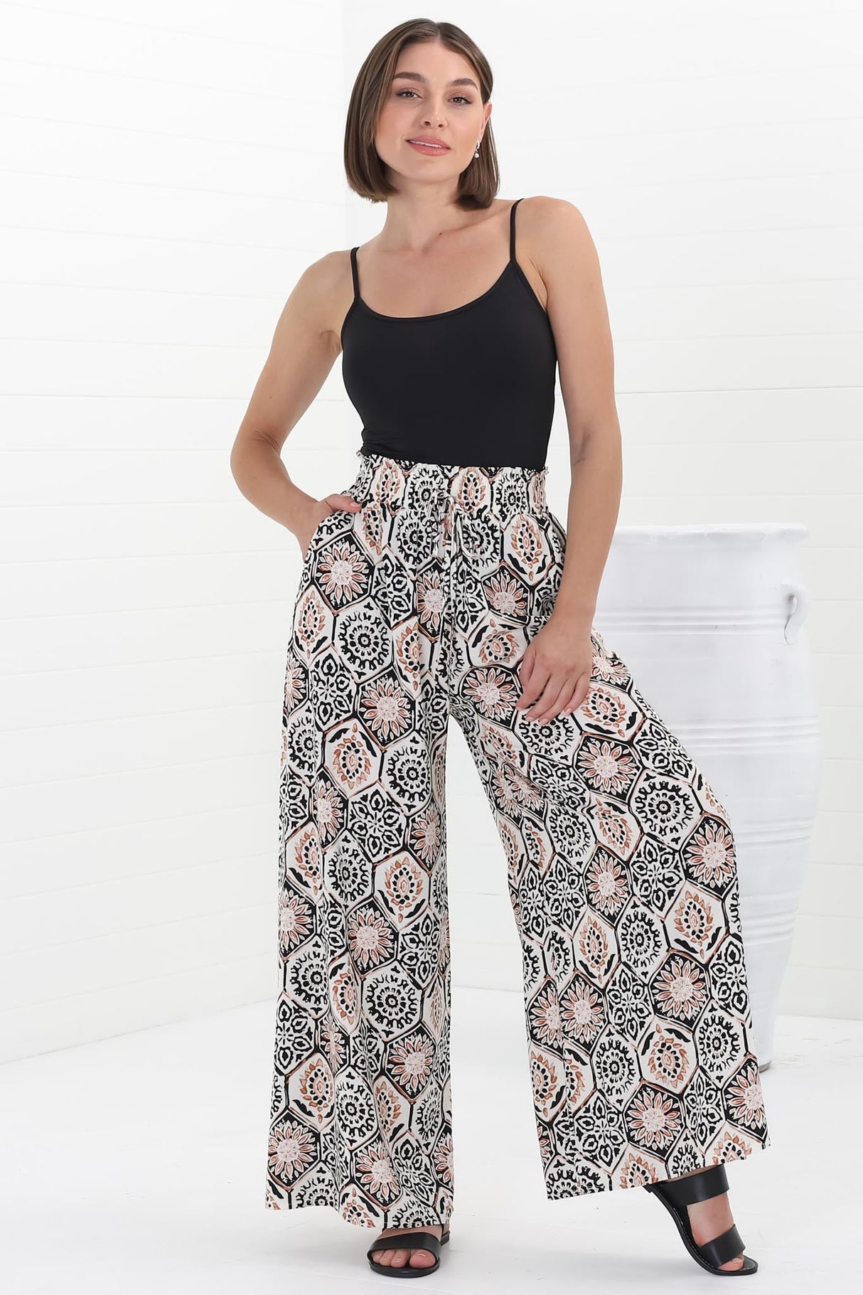 Velman Pants - Paper Bag High Waisted Wide Leg Pants In Lamika Print