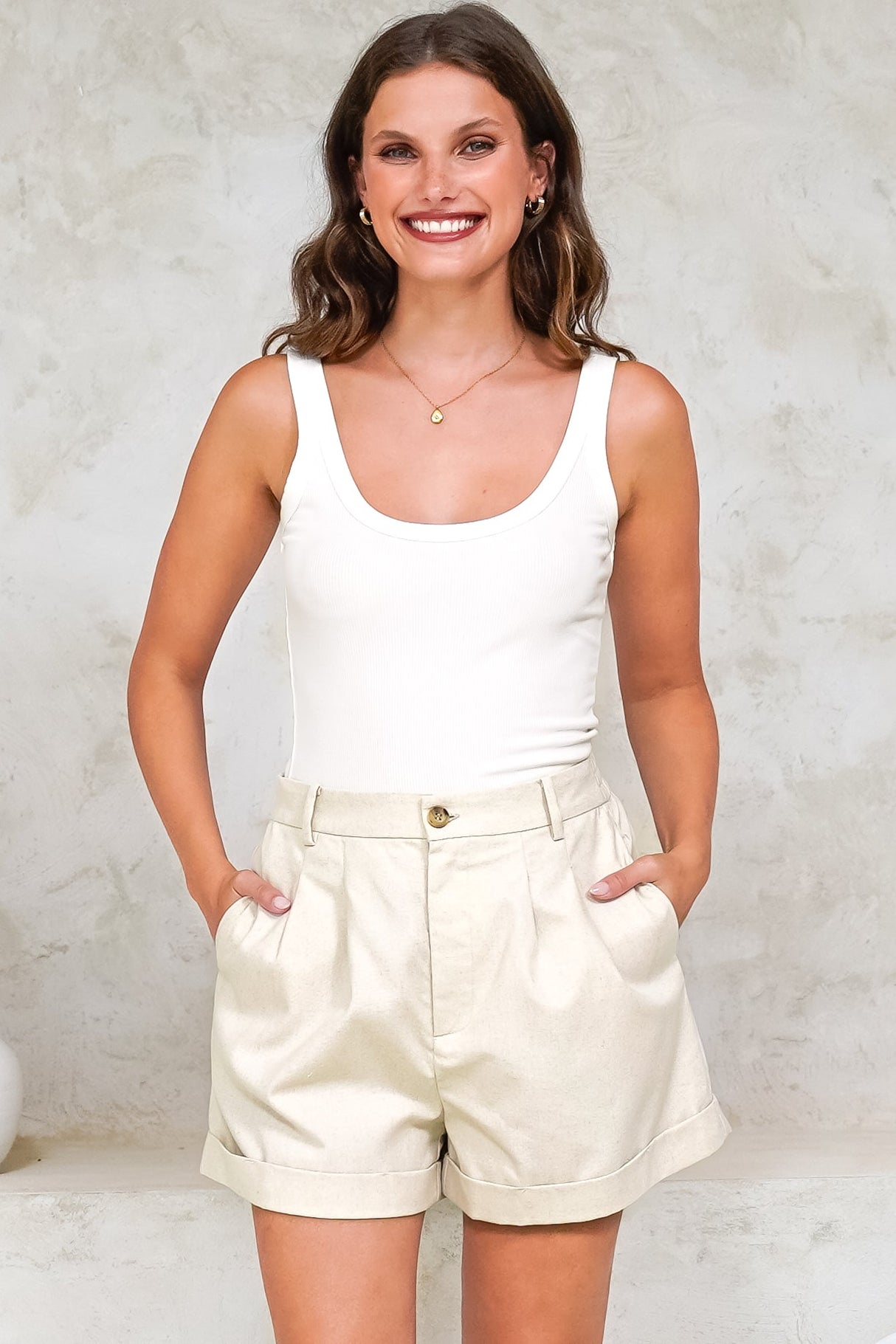 Ventura Shorts - High Waisted Tailored Shorts with Pockets in Oatmeal