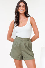 Ventura Shorts - High Waisted Tailored Shorts with Pockets in Military Green