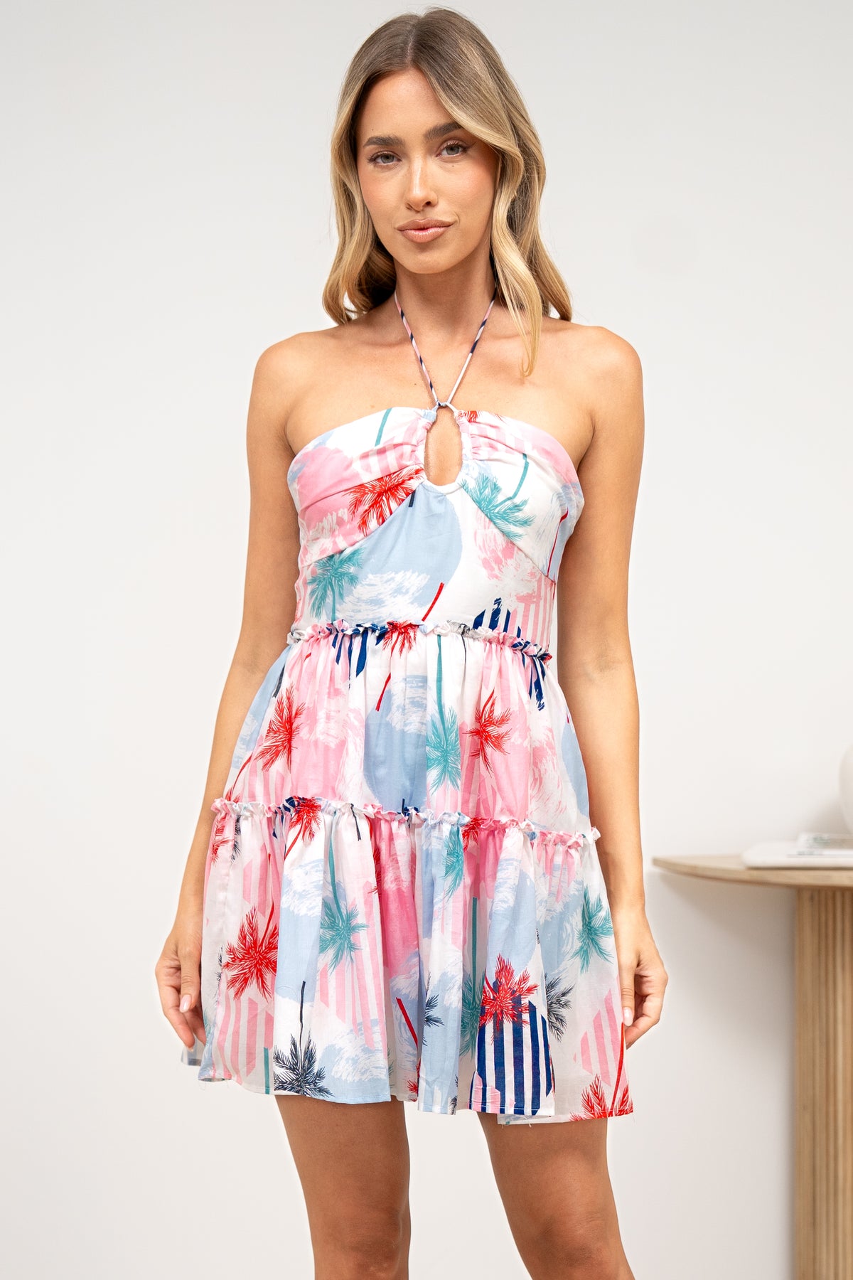 Venus Mini Dress - Keyhole Halterneck Tiered Fit and Flare Dress in Frederika Print