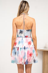 Venus Mini Dress - Keyhole Halterneck Tiered Fit and Flare Dress in Frederika Print
