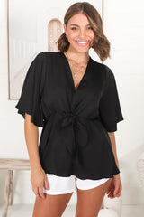 Vera Top - Bow Detailed Blouse with Bell Sleeves in Black