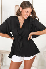 Vera Top - Bow Detailed Blouse with Bell Sleeves in Black