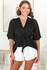 Vera Top - Bow Detailed Blouse with Bell Sleeves in Black