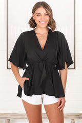 Vera Top - Bow Detailed Blouse with Bell Sleeves in Black