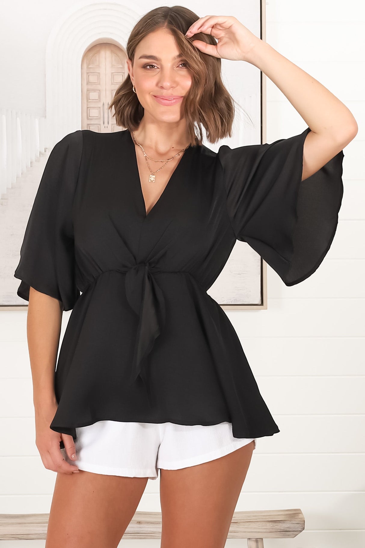 Vera Top - Bow Detailed Blouse with Bell Sleeves in Black