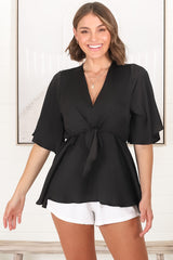 Vera Top - Bow Detailed Blouse with Bell Sleeves in Black