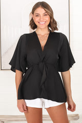 Vera Top - Bow Detailed Blouse with Bell Sleeves in Black