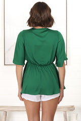 Vera Top - Bow Detailed Blouse with Bell Sleeves in Emerald