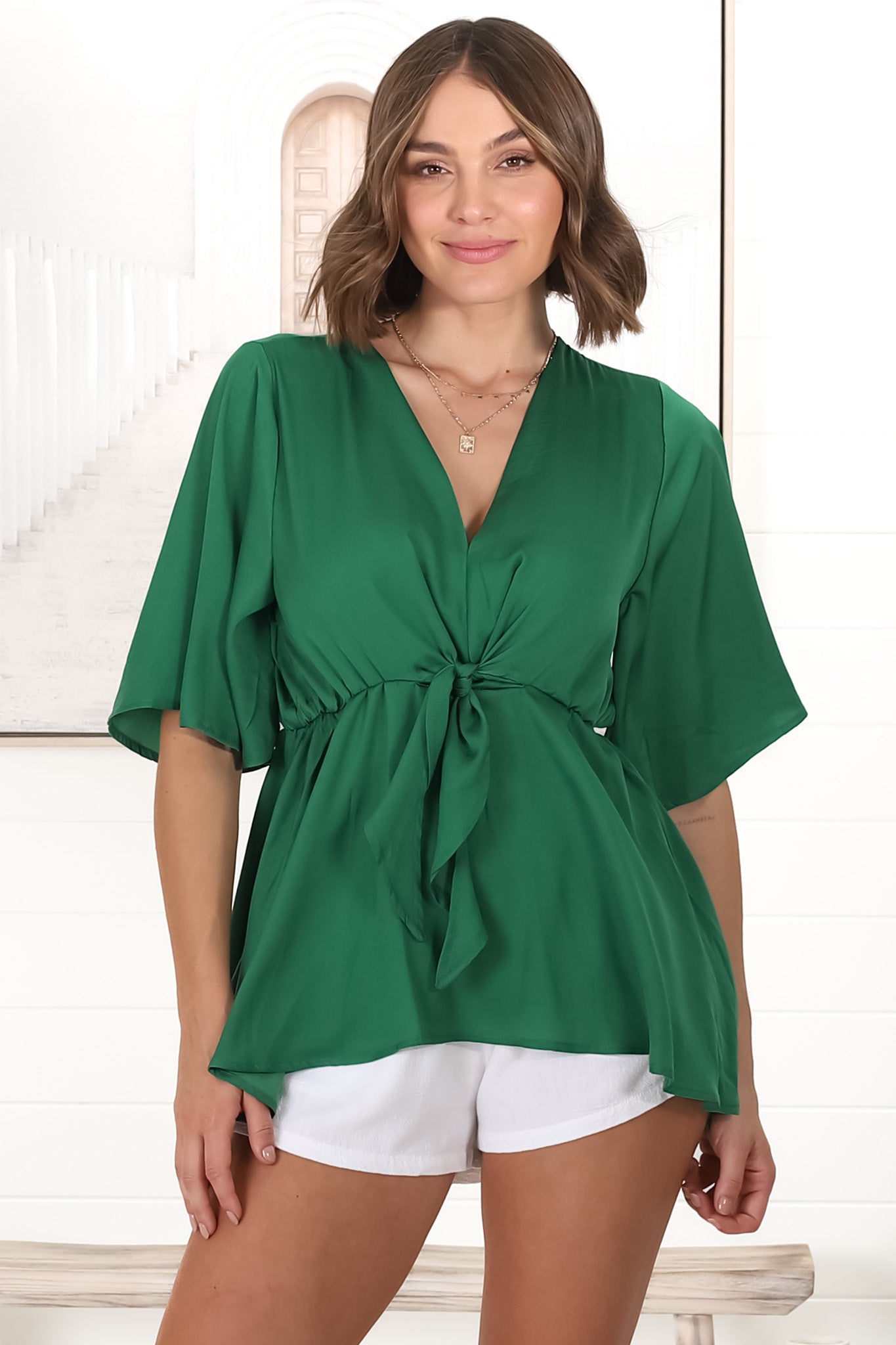 Vera Top - Bow Detailed Blouse with Bell Sleeves in Emerald