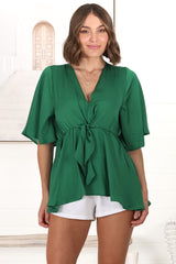 Vera Top - Bow Detailed Blouse with Bell Sleeves in Emerald