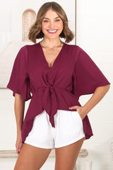 Vera Top - Bow Detailed Blouse with Bell Sleeves in Wine