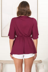 Vera Top - Bow Detailed Blouse with Bell Sleeves in Wine