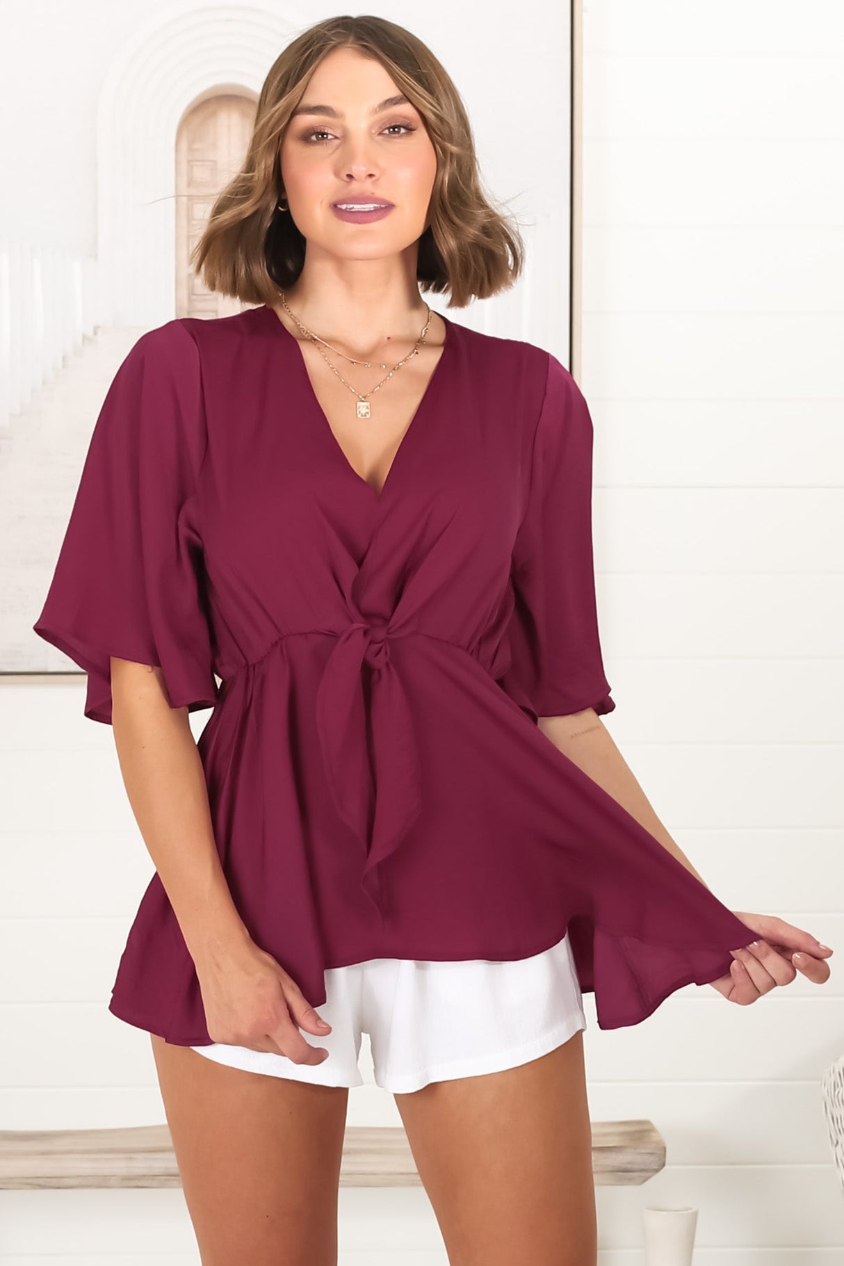 Vera Top - Bow Detailed Blouse with Bell Sleeves in Wine