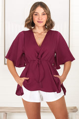 Vera Top - Bow Detailed Blouse with Bell Sleeves in Wine