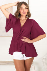 Vera Top - Bow Detailed Blouse with Bell Sleeves in Wine