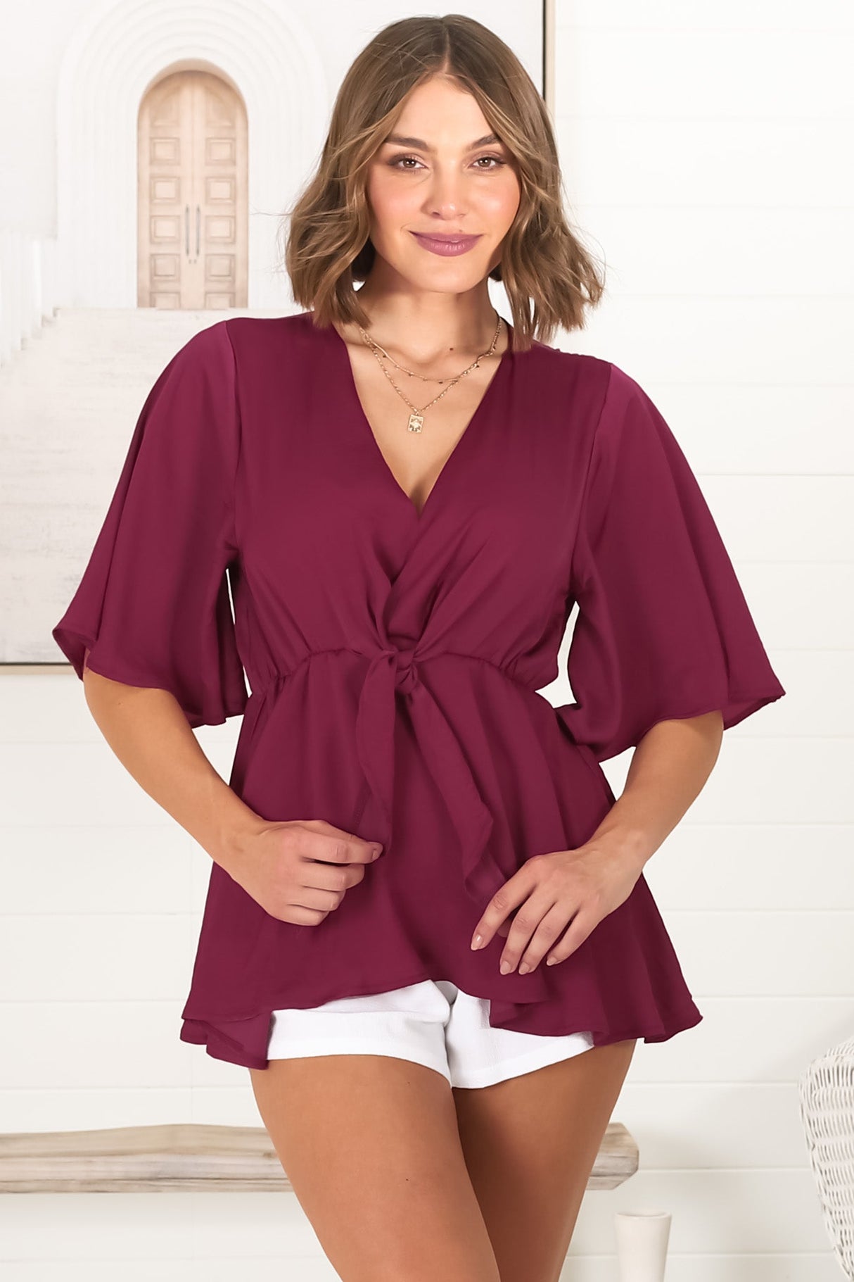 Vera Top - Bow Detailed Blouse with Bell Sleeves in Wine