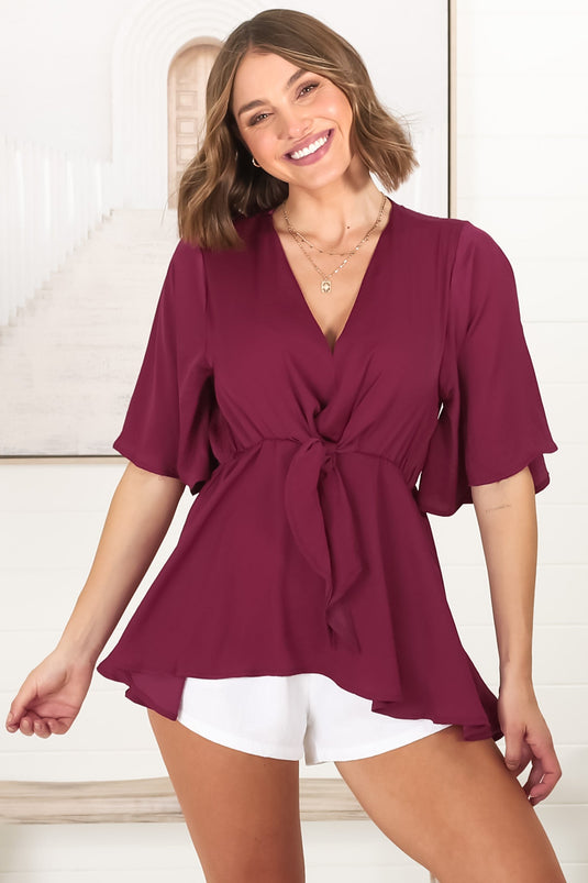 Vera Top - Bow Detailed Blouse with Bell Sleeves in Wine