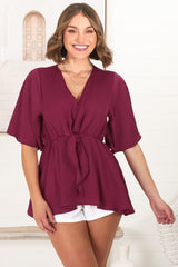 Vera Top - Bow Detailed Blouse with Bell Sleeves in Wine