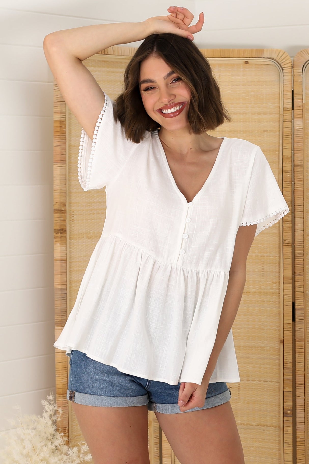 Verity Top - Crochet Trim Cap Sleeve Smock Top in White