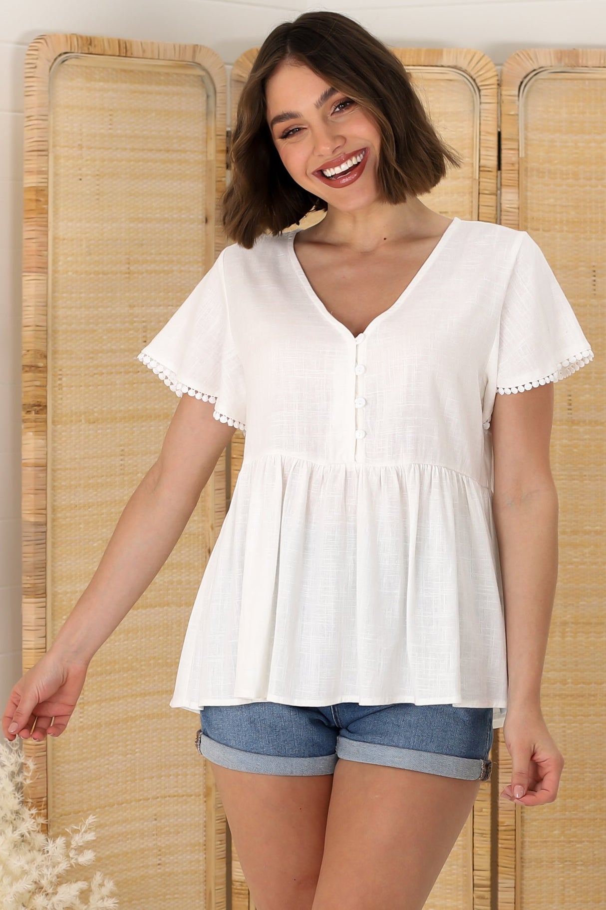 Verity Top - Crochet Trim Cap Sleeve Smock Top in White