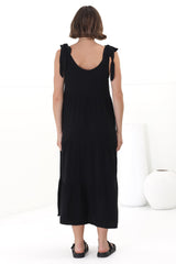 Verona Midi Dress - Tie at Shoulder Straps Sun Dress in Black