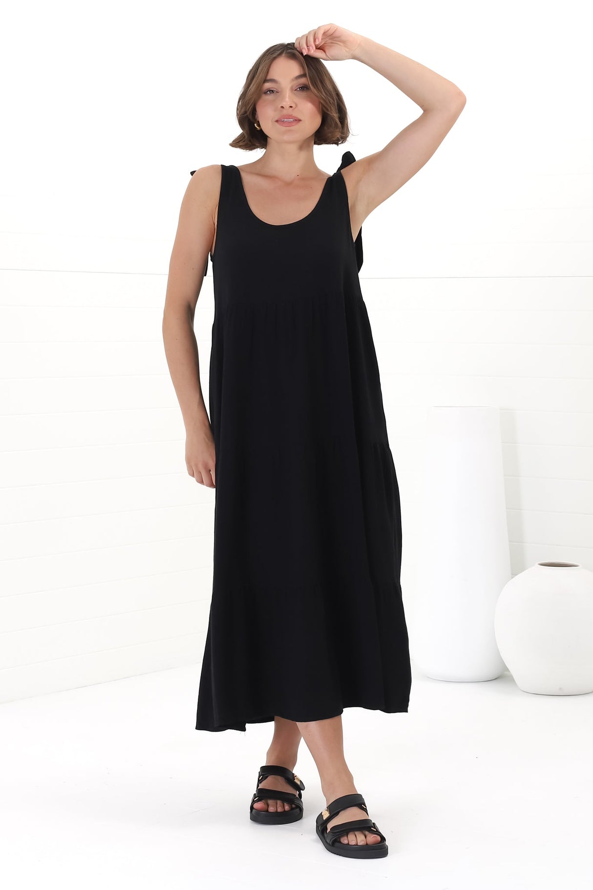 Verona Midi Dress - Tie at Shoulder Straps Sun Dress in Black