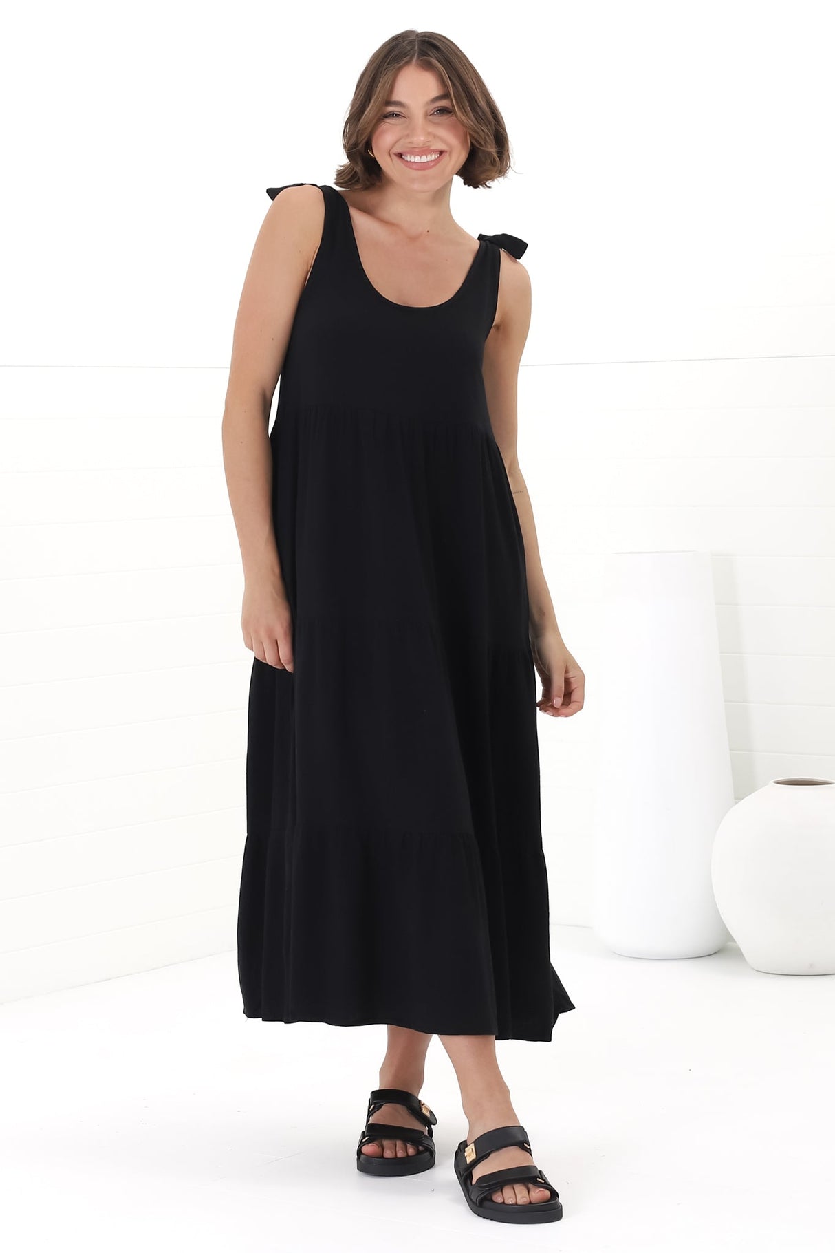 Verona Midi Dress - Tie at Shoulder Straps Sun Dress in Black