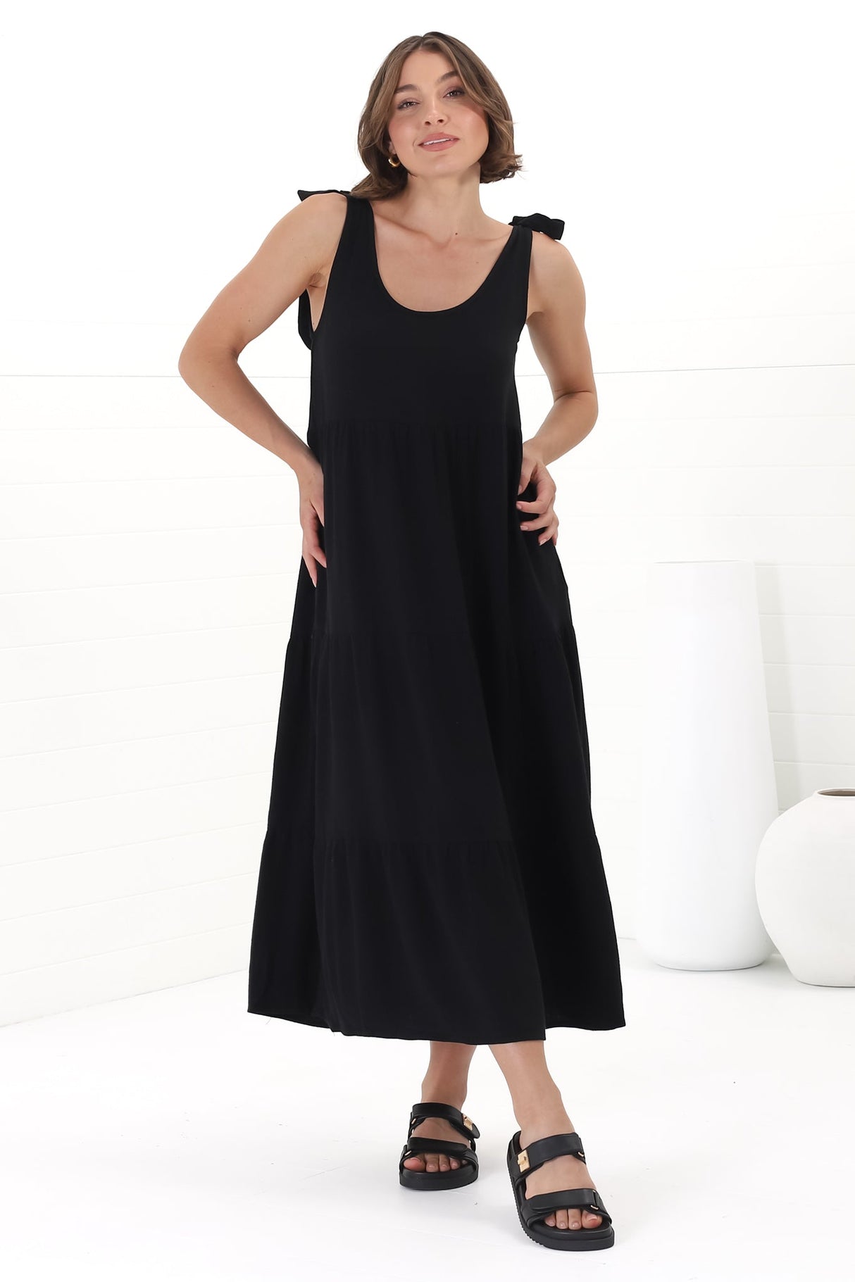 Verona Midi Dress - Tie at Shoulder Straps Sun Dress in Black