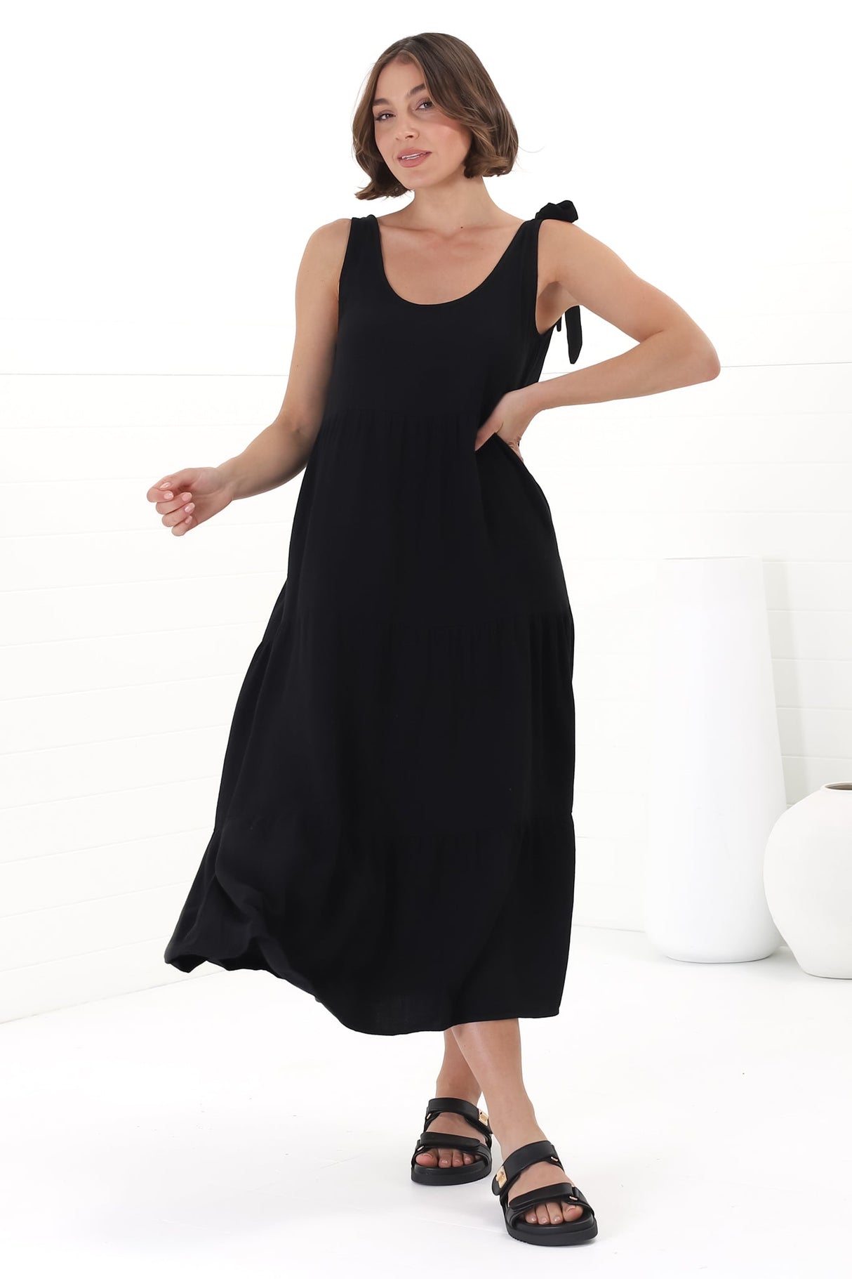 Verona Midi Dress - Tie at Shoulder Straps Sun Dress in Black