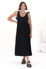 Verona Midi Dress - Tie at Shoulder Straps Sun Dress in Black