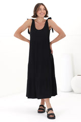 Verona Midi Dress - Tie at Shoulder Straps Sun Dress in Black