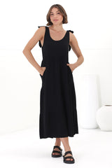 Verona Midi Dress - Tie at Shoulder Straps Sun Dress in Black