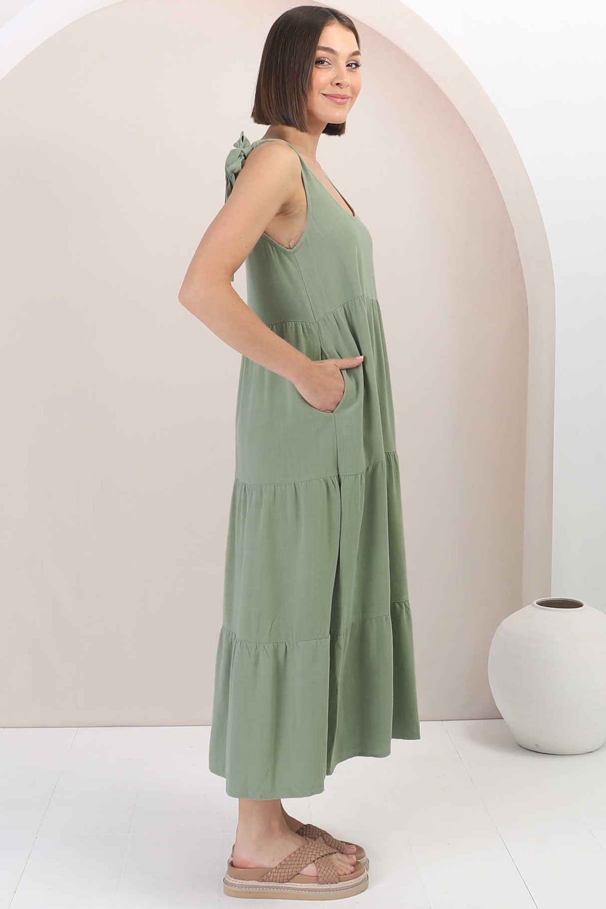 Verona Midi Dress - Tie at Shoulder Straps Sun Dress in Khaki