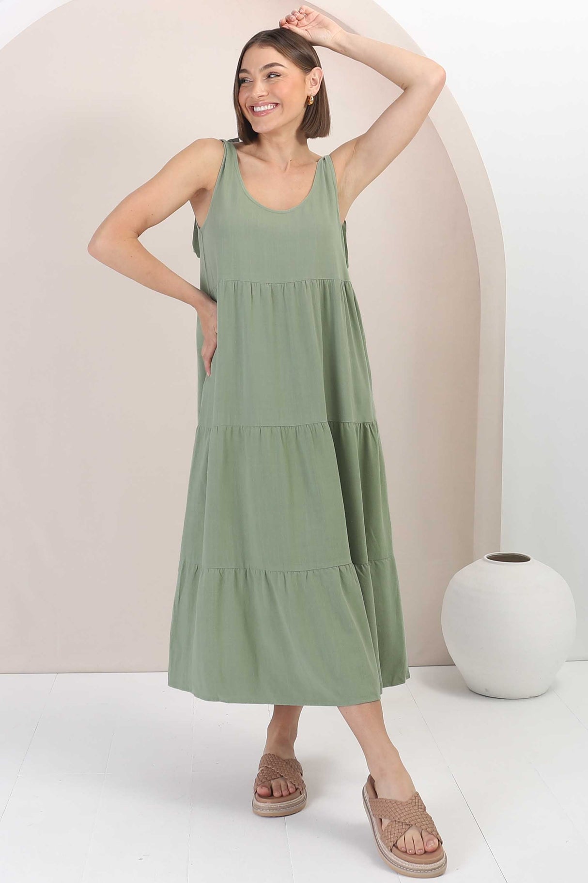 Verona Midi Dress - Tie at Shoulder Straps Sun Dress in Khaki